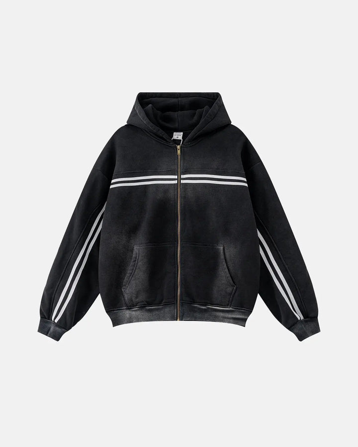 Men's black acid wash zip-up hoodie with white stripes