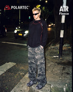 High-neck hooded pullover with long sleeves and contrast seam detailing
