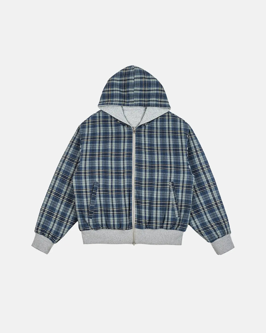 Men's grey reversible plaid cropped hoodie with zip front