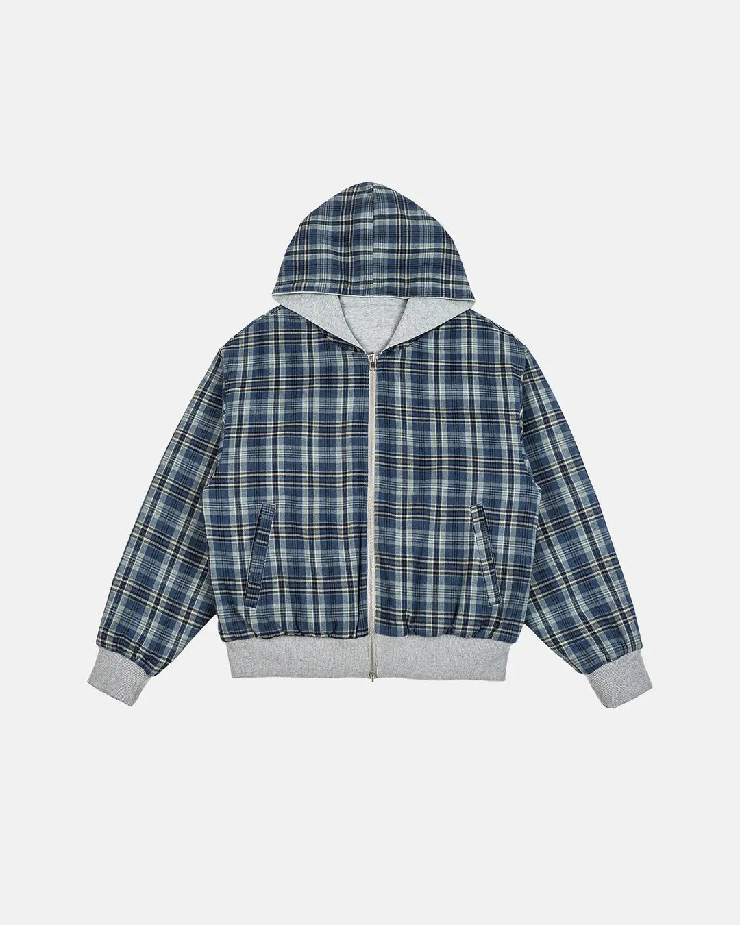 Men's grey reversible plaid cropped hoodie with zip front