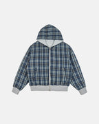 Men's grey reversible plaid cropped hoodie with zip front