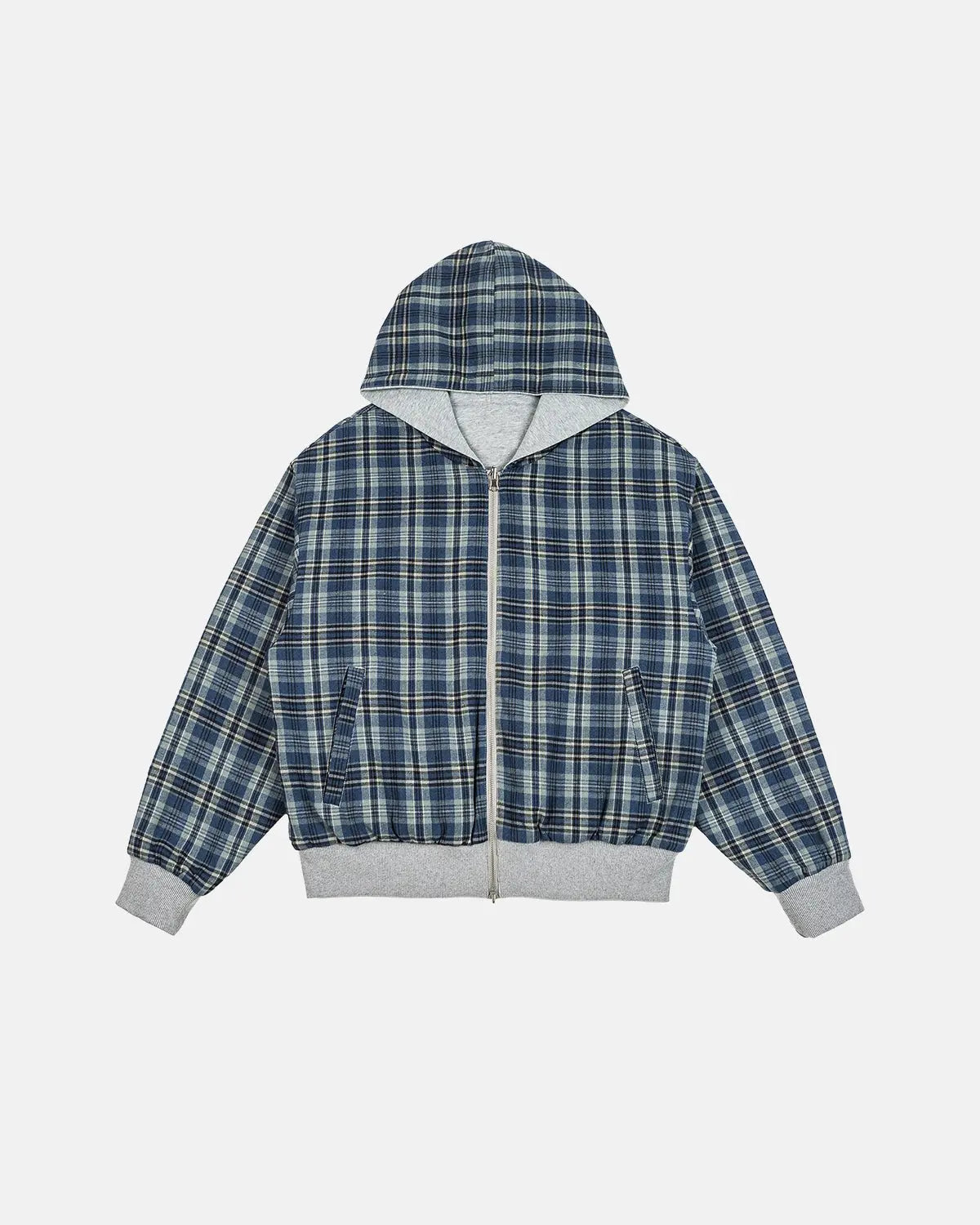 Men's grey reversible plaid cropped hoodie with zip front