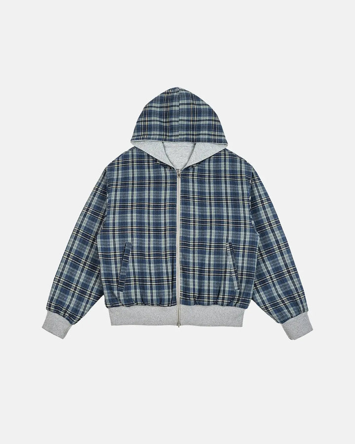 Men's grey reversible plaid cropped hoodie with zip front