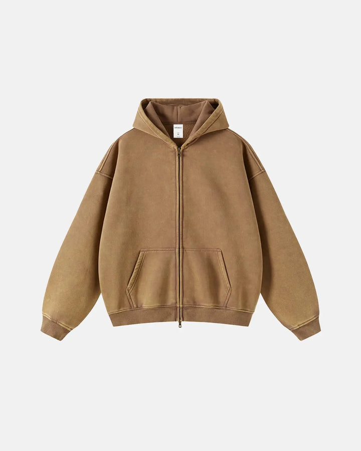 Men's washed zip-up hoodie with hood and kangaroo pockets