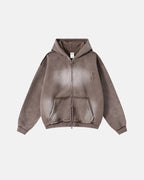 Washed zip-up hoodie with hood, pockets and distressed details