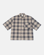 Unisex boxy plaid shirt with short sleeves and chest pocket