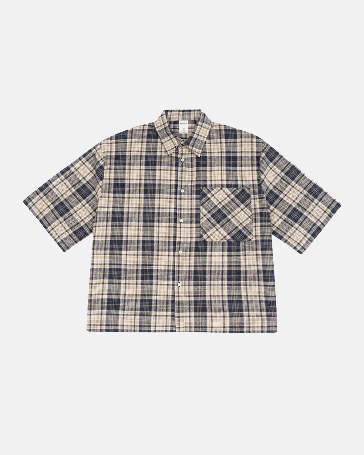 Unisex boxy plaid shirt with short sleeves and chest pocket