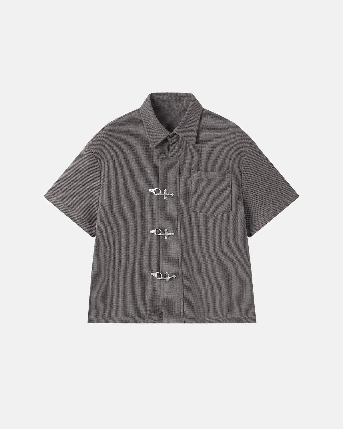 Men's dark gray waffle shirt with short sleeves and metal clasps