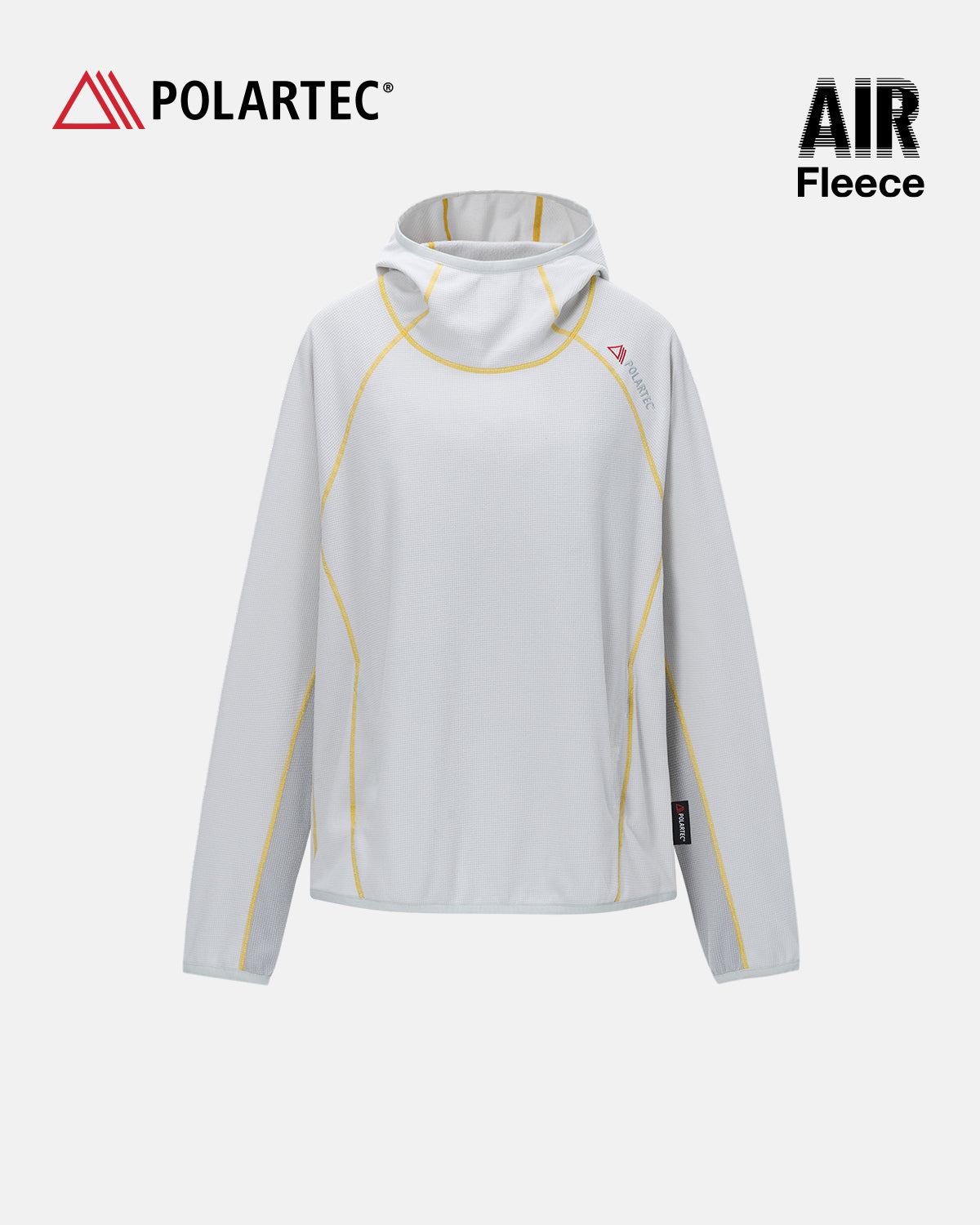 High-neck hooded pullover with long sleeves and contrast seam detailing