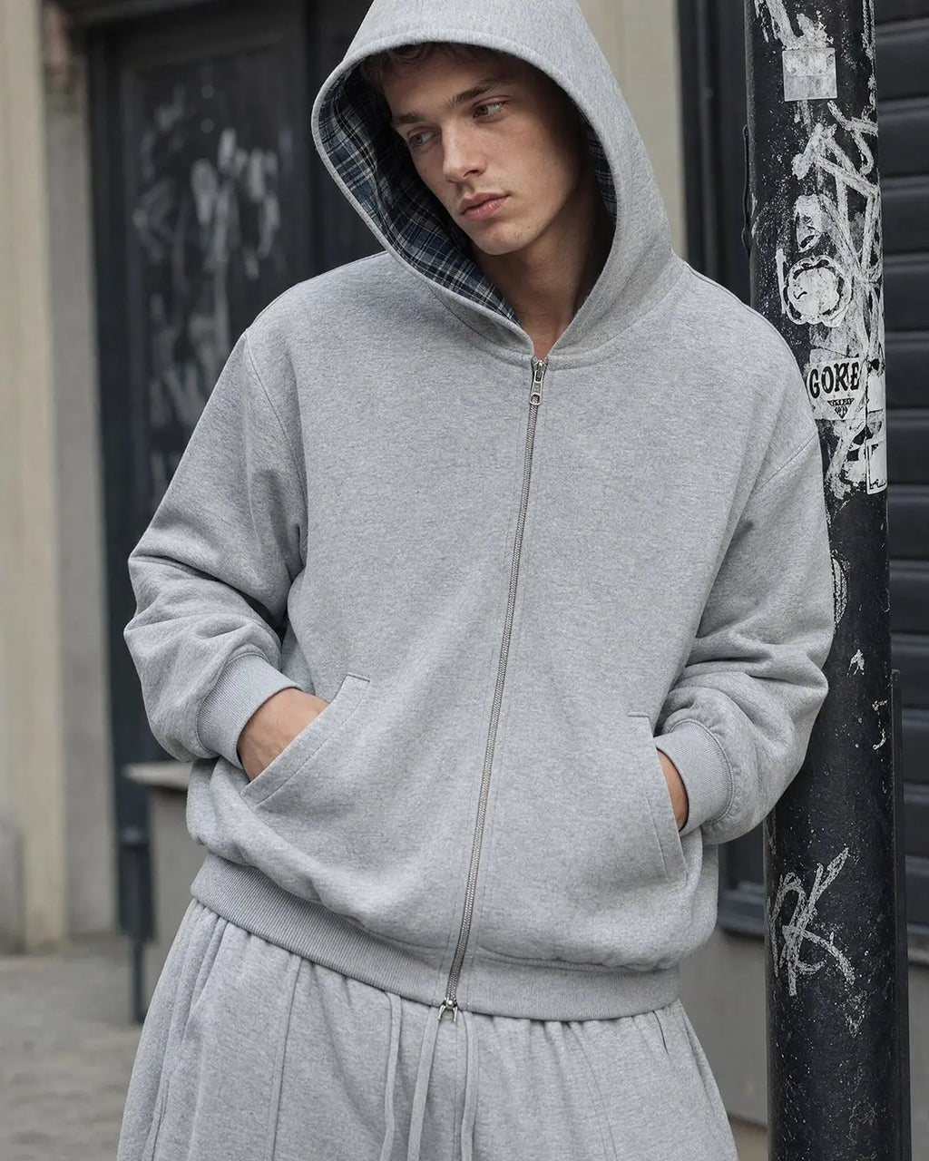 Men's grey reversible plaid cropped hoodie with zip front