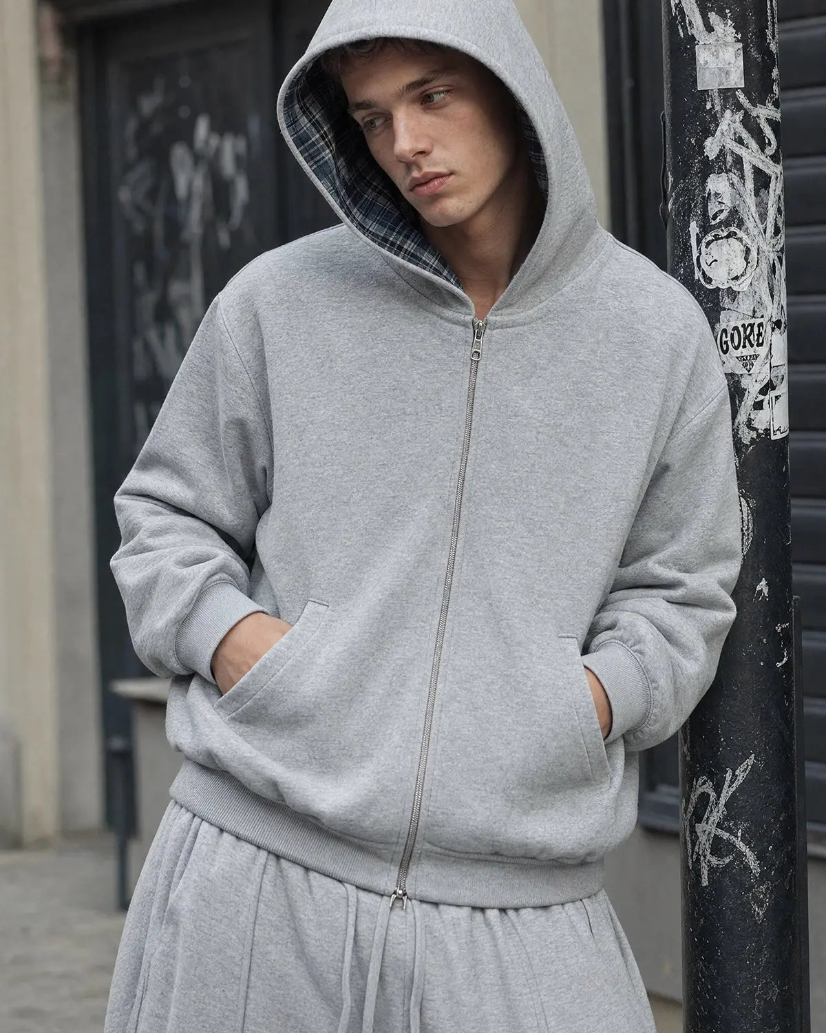 Men's grey reversible plaid cropped hoodie with zip front
