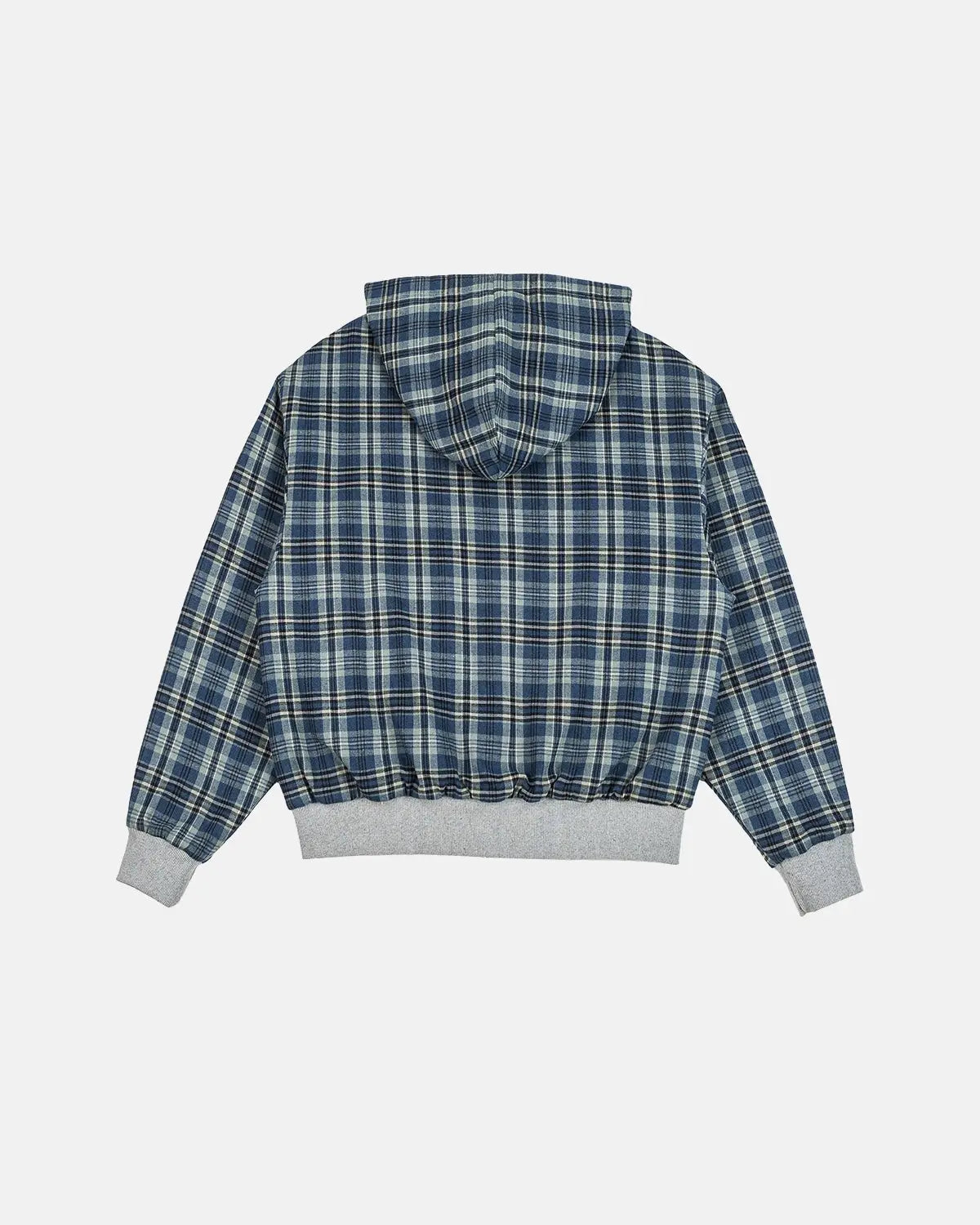 Men's grey reversible plaid cropped hoodie with zip front
