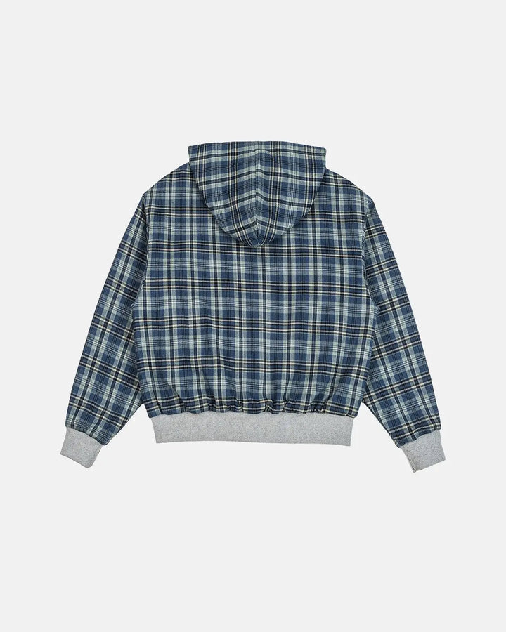 Men's grey reversible plaid cropped hoodie with zip front