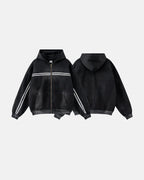 Men's black acid wash zip-up hoodie with white stripes