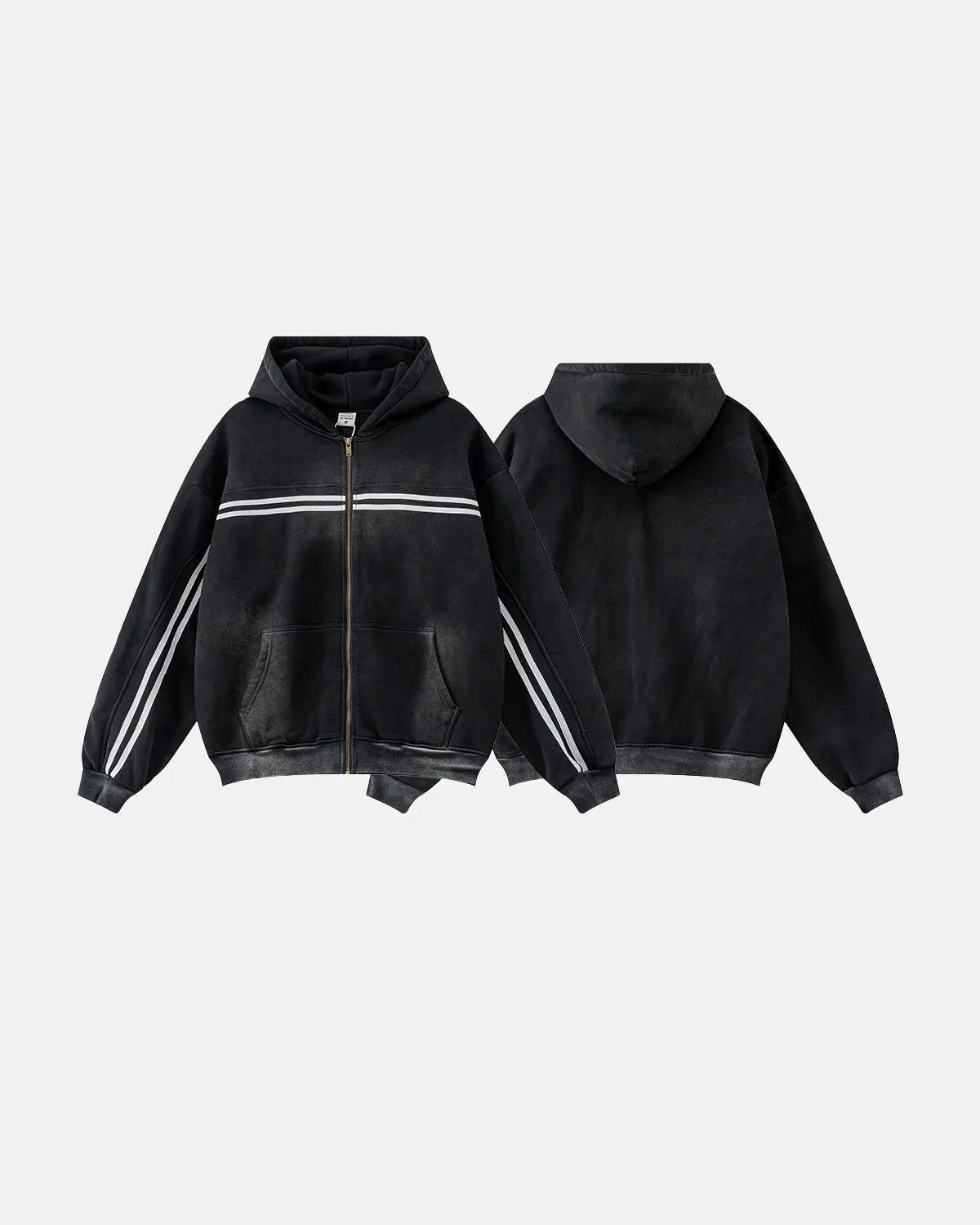 Men's black acid wash zip-up hoodie with white stripes