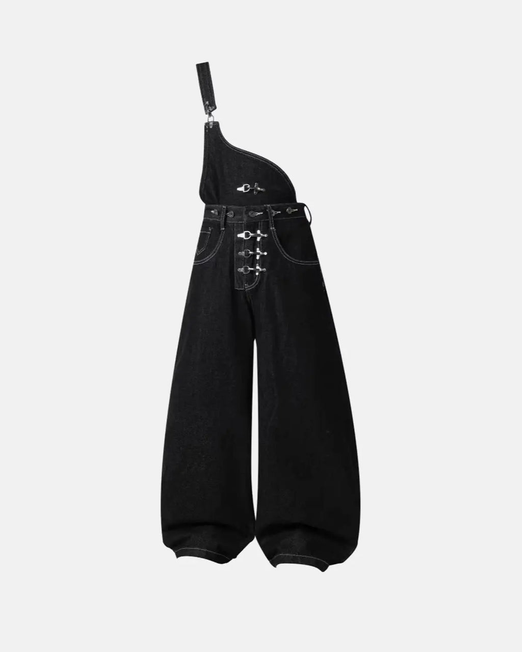 Black denim bib jeans with asymmetric shoulder strap, buckle details and wide legs