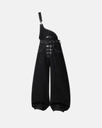 Black denim bib jeans with asymmetric shoulder strap, buckle details and wide legs
