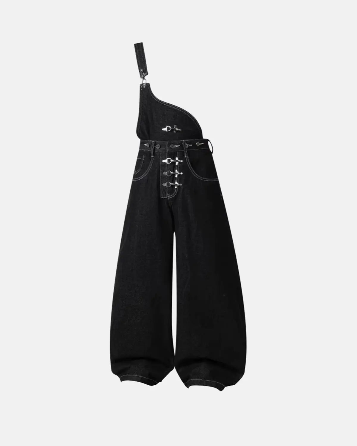 Black denim bib jeans with asymmetric shoulder strap, buckle details and wide legs