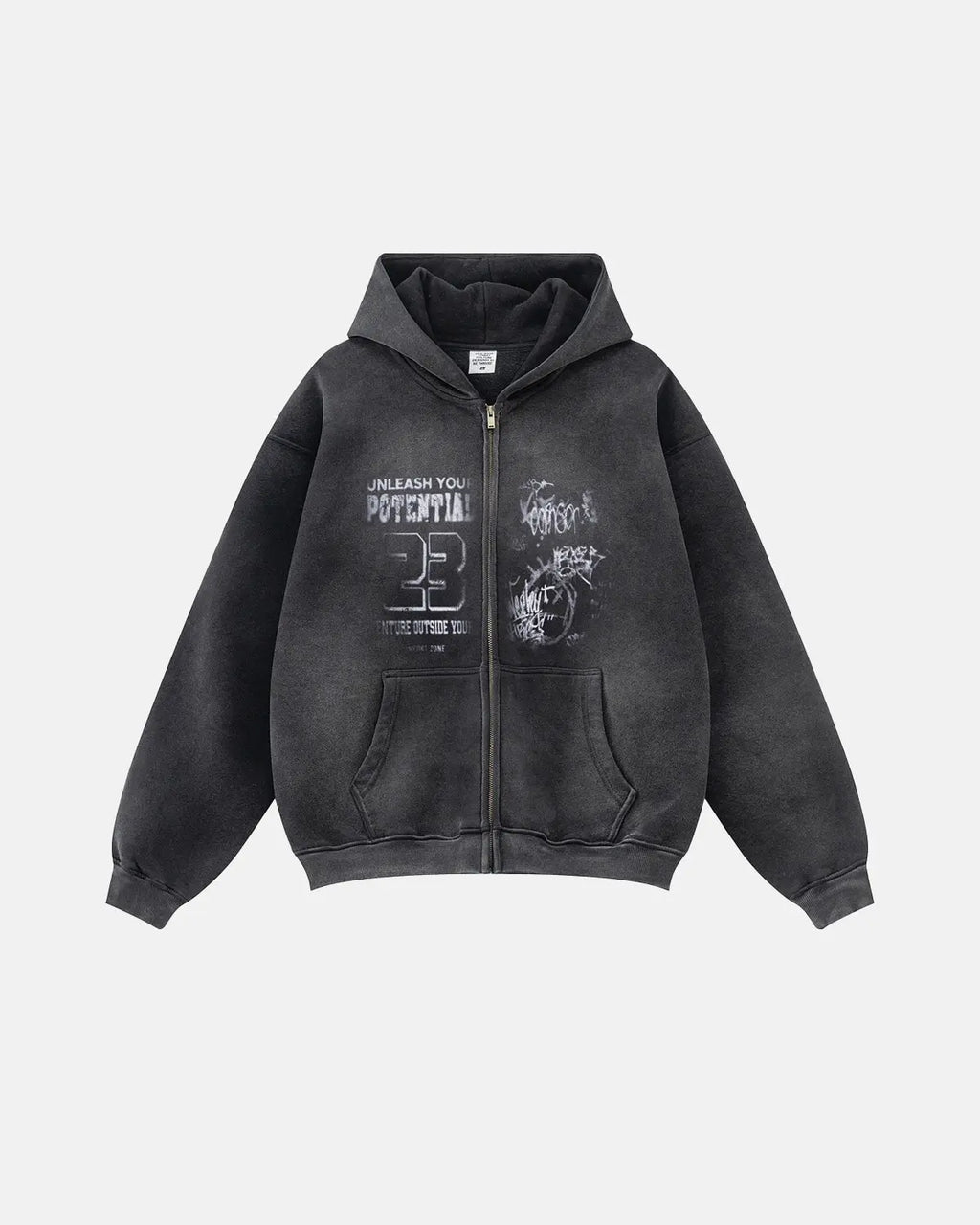 Men's washed graphic zip-up hoodie with hood and front pockets