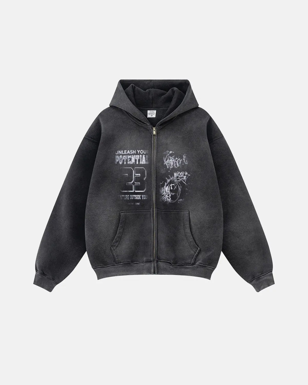 Men's washed graphic zip-up hoodie with hood and front pockets