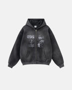 Men's washed graphic zip-up hoodie with hood and front pockets