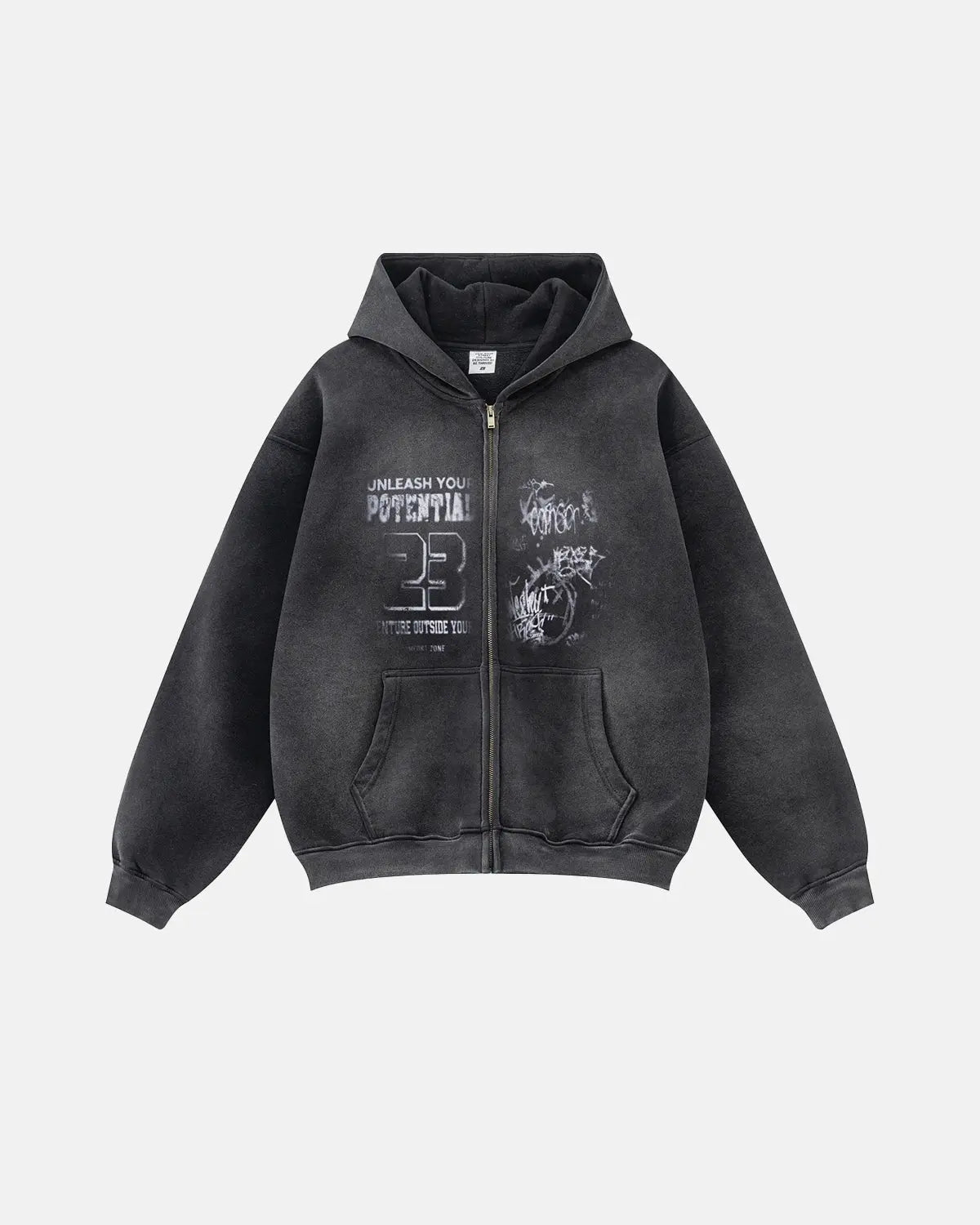 Men's washed graphic zip-up hoodie with hood and front pockets