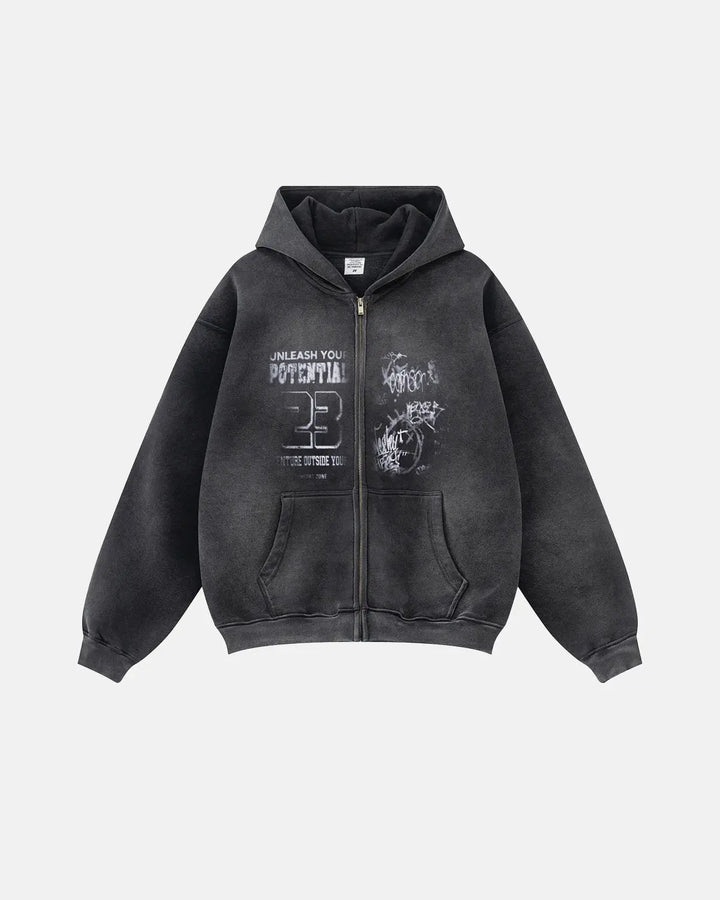 Men's washed graphic zip-up hoodie with hood and front pockets