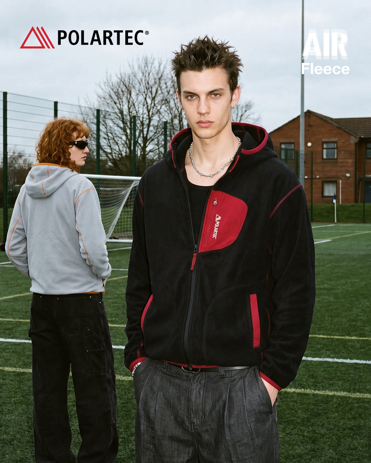 Unisex long-sleeve zip-up hoodie with hood, contrast trim and three front pockets
