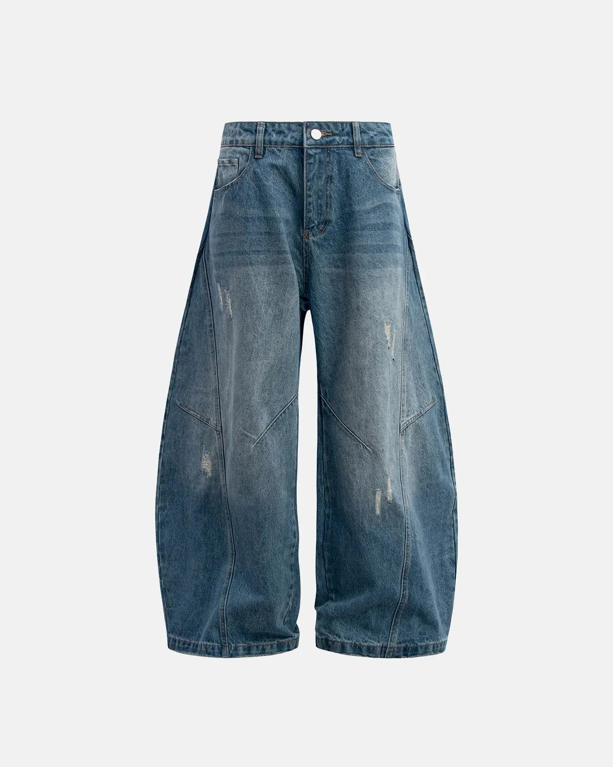 Distressed baggy jeans with wide legs and stitched panel details