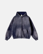 Unisex acid-washed zip-up hoodie with hood and front pockets