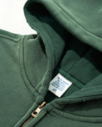 Green zip-up hoodie with hood, kangaroo pocket and ribbed trims