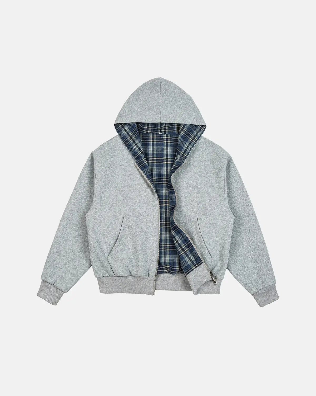 Men's grey reversible plaid cropped hoodie with zip front