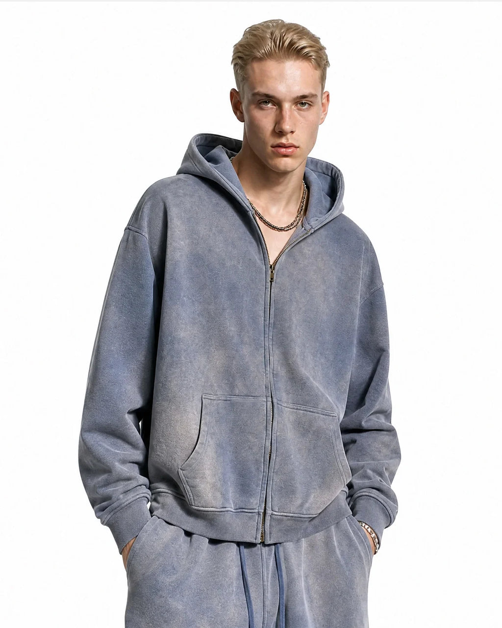 Men's acid washed full zip hoodie with hood and front pockets