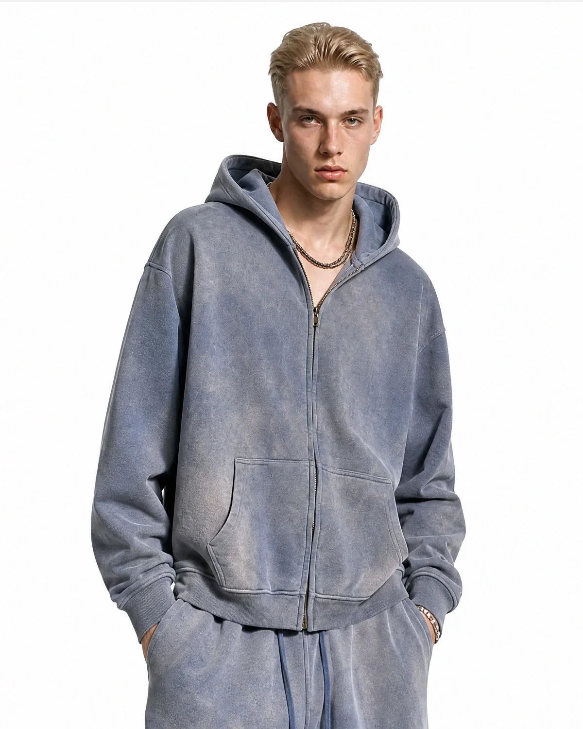 Men's acid washed full zip hoodie with hood and front pockets
