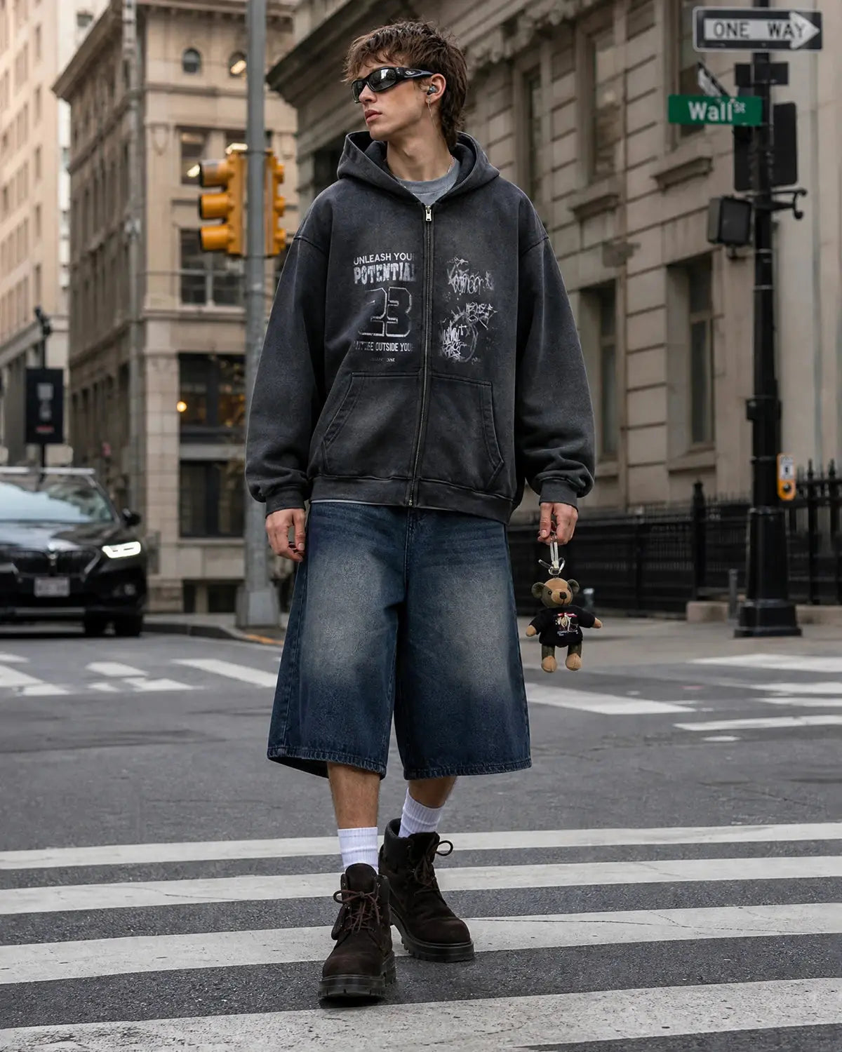 Men's washed graphic zip-up hoodie with hood and front pockets