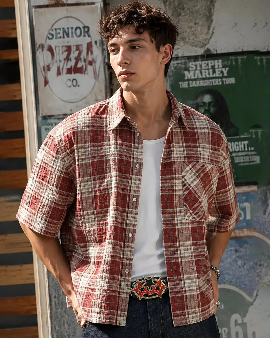 Unisex boxy plaid shirt with short sleeves and chest pocket