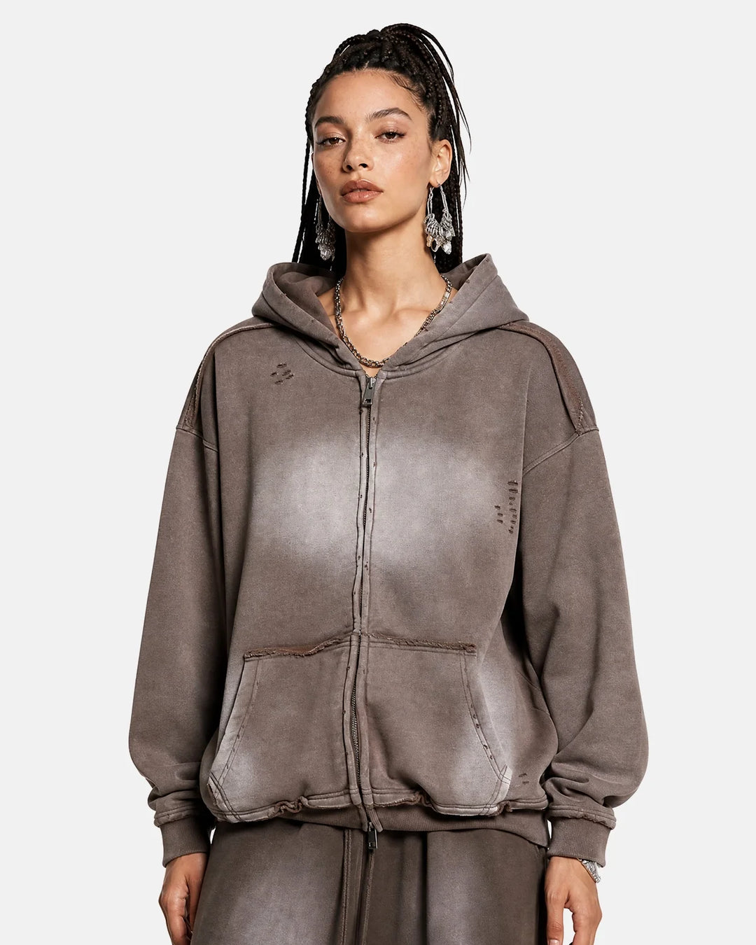 Washed zip-up hoodie with hood, pockets and distressed details