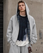 Men's grey reversible plaid cropped hoodie with zip front