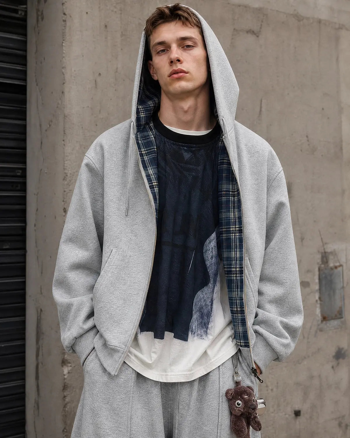 Men's grey reversible plaid cropped hoodie with zip front