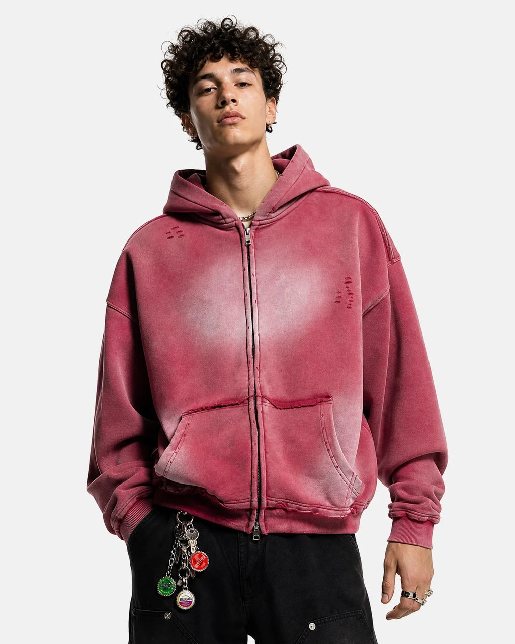Washed zip-up hoodie with hood, pockets and distressed details