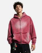 Washed zip-up hoodie with hood, pockets and distressed details