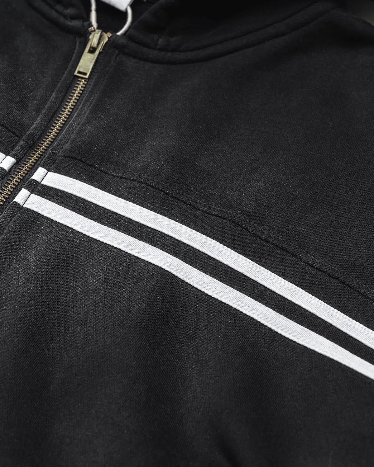 Men's black acid wash zip-up hoodie with white stripes