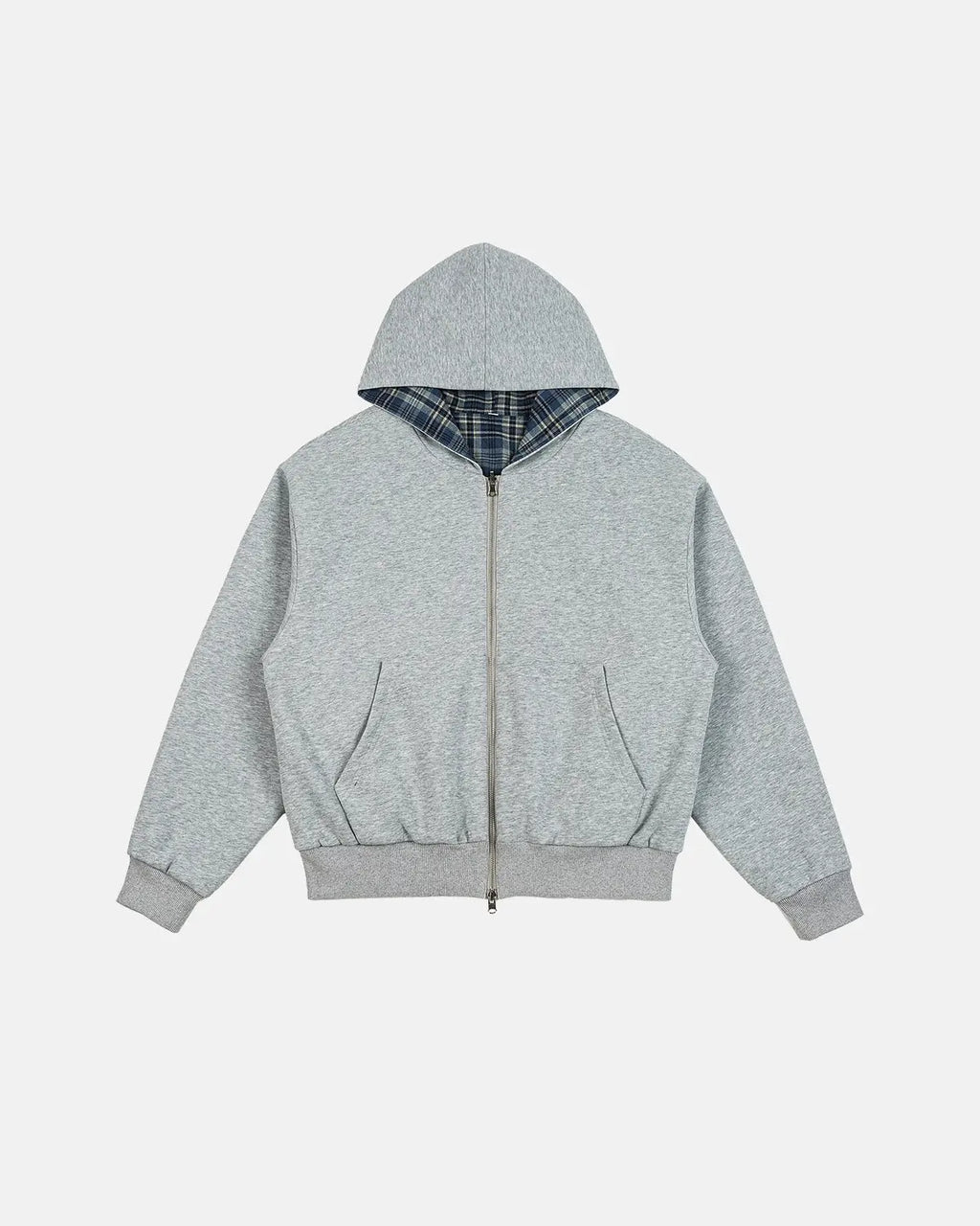 Men's grey reversible plaid cropped hoodie with zip front