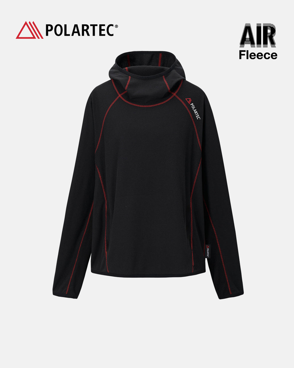 High-neck hooded pullover with long sleeves and contrast seam detailing