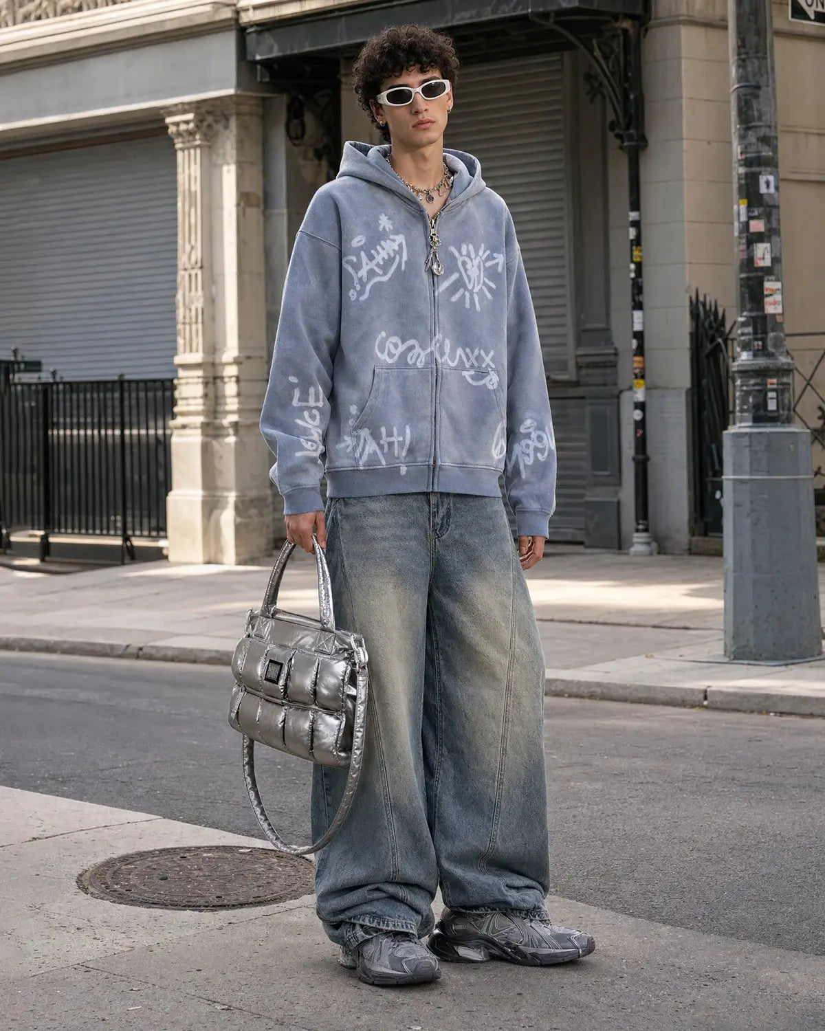 Graffiti zip-up hoodie with hood and front pockets