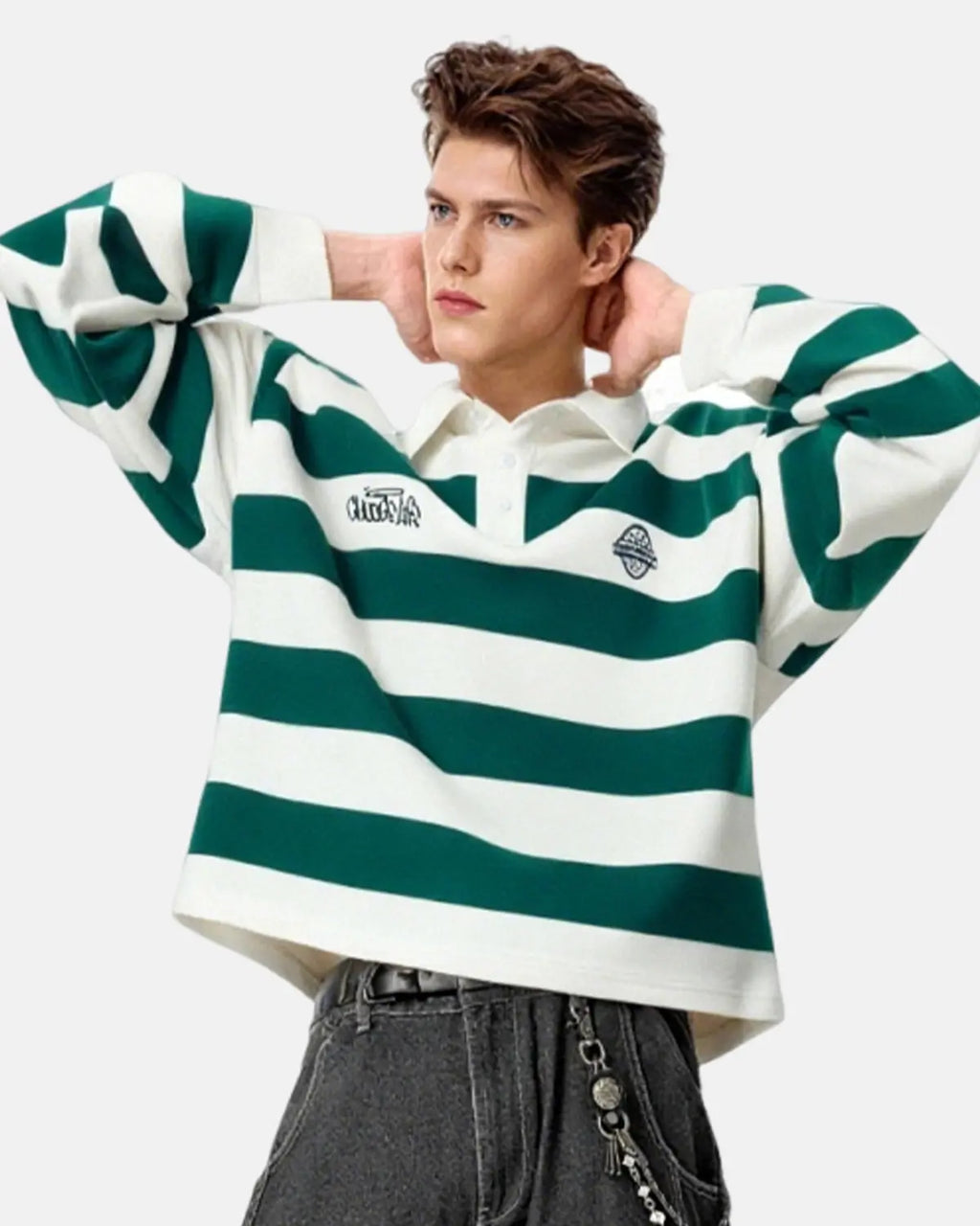 Unisex striped rugby polo shirt with a white collar and long sleeves