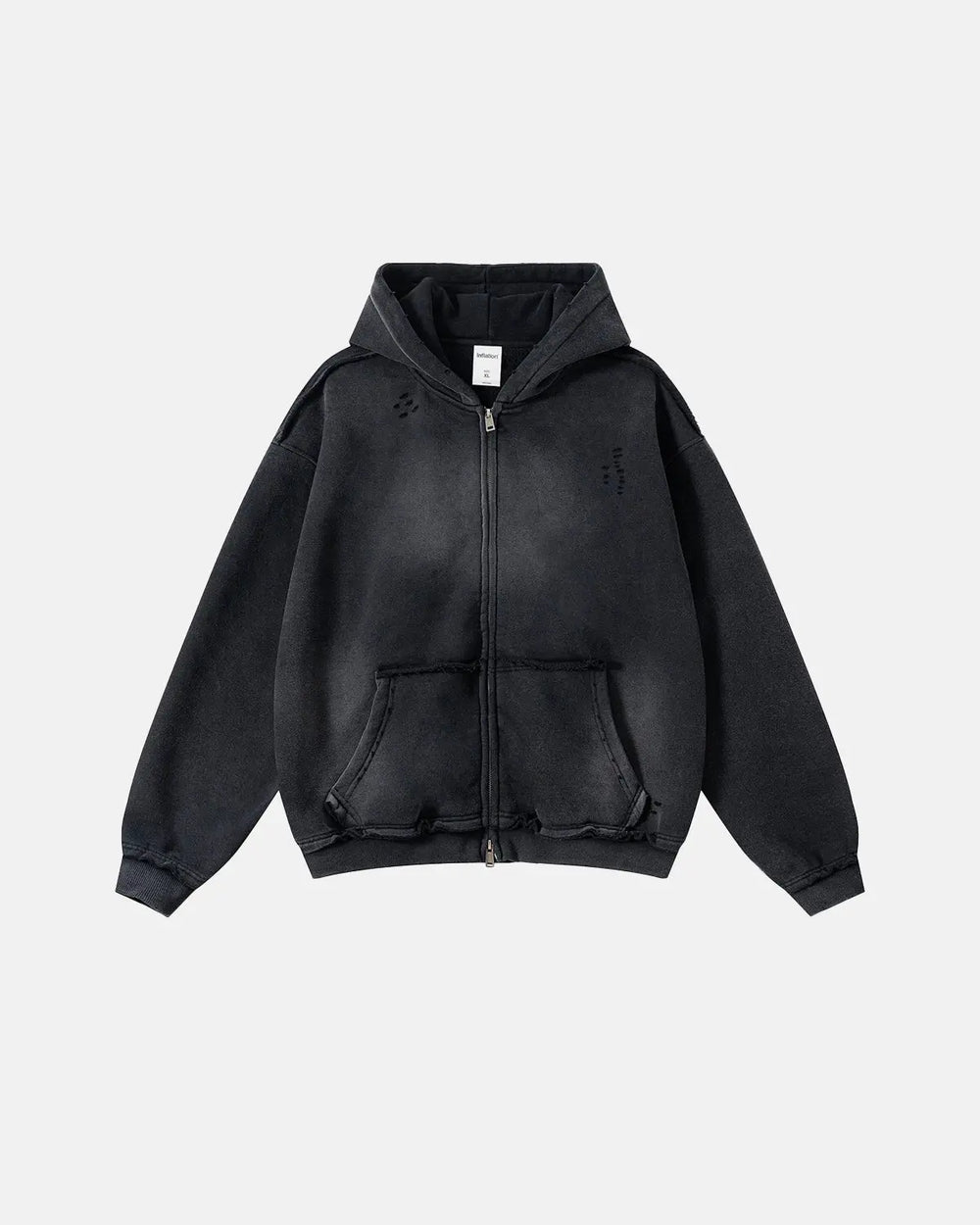 Washed zip-up hoodie with hood, pockets and distressed details
