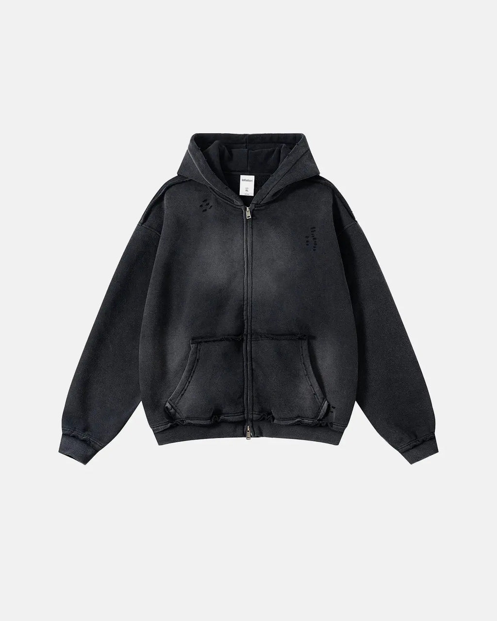 Washed zip-up hoodie with hood, pockets and distressed details