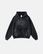 Washed zip-up hoodie with hood, pockets and distressed details