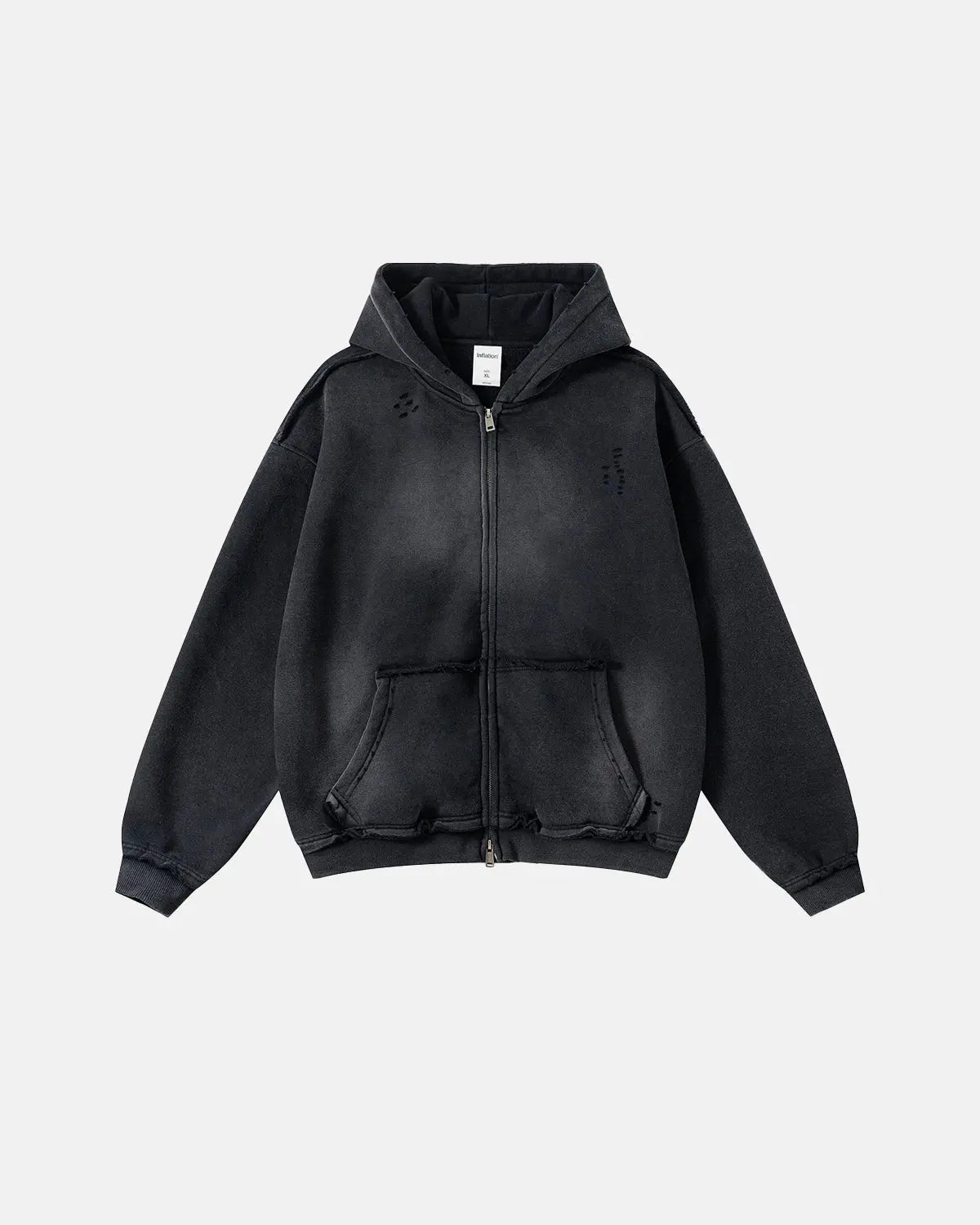 Washed zip-up hoodie with hood, pockets and distressed details